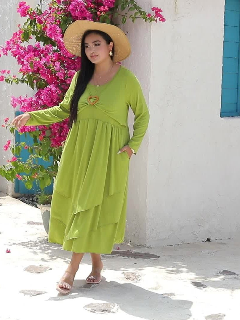 Plus Size Elegant Dress, Women's Plus Plain Long Sleeve Layered Heart Ring Decor Round Neck Maxi Dress