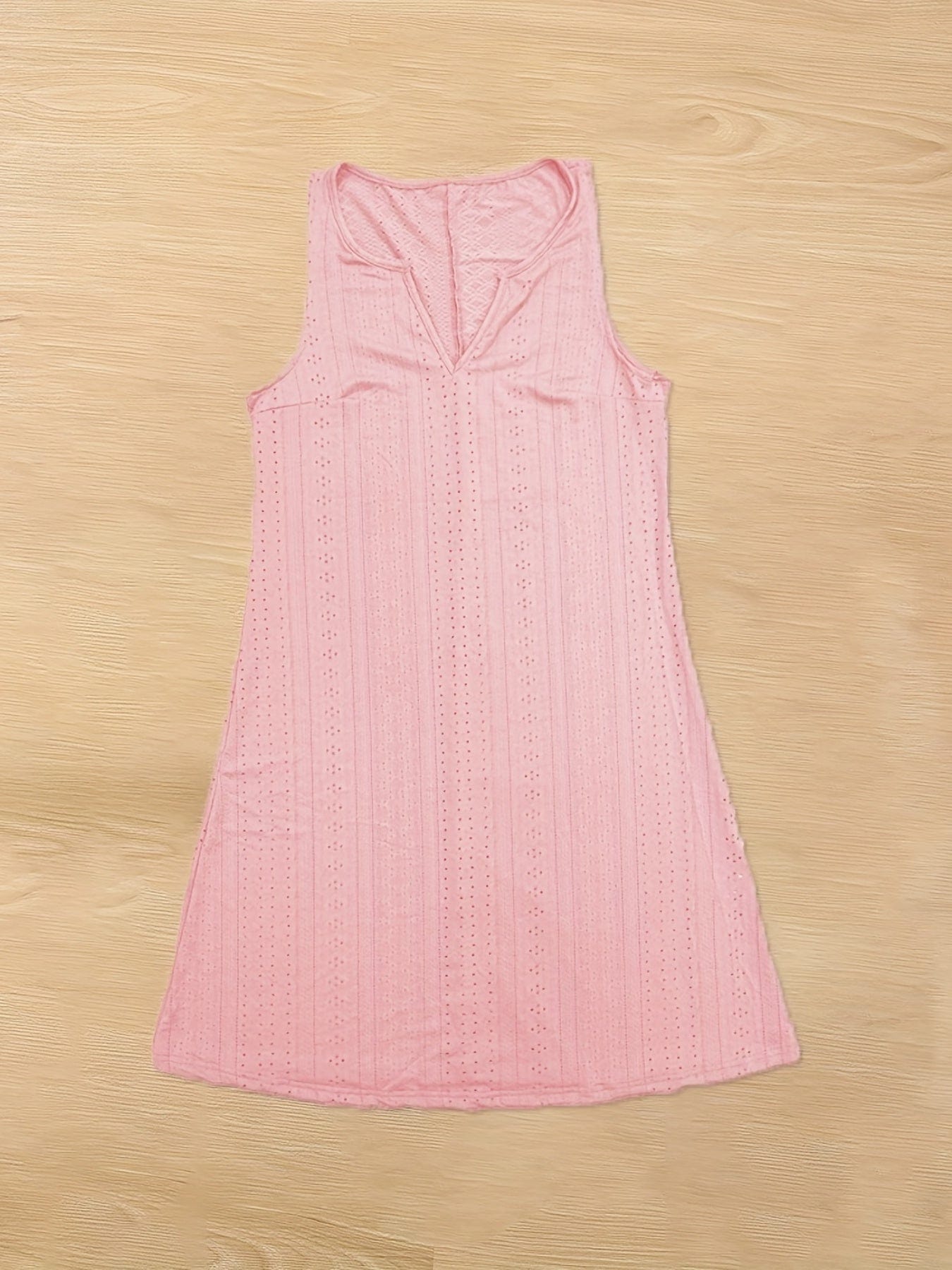 Plus Size Elegant Dress, Women's Plus Solid Eyelet Embroidered Notched Neck Medium Stretch Tank Dress