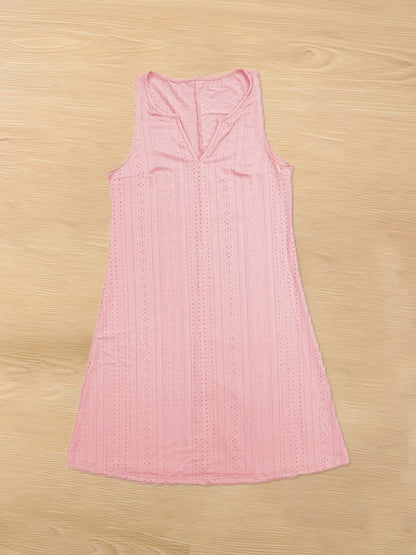 Plus Size Elegant Dress, Women's Plus Solid Eyelet Embroidered Notched Neck Medium Stretch Tank Dress