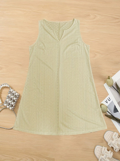 Plus Size Elegant Dress, Women's Plus Solid Eyelet Embroidered Notched Neck Medium Stretch Tank Dress