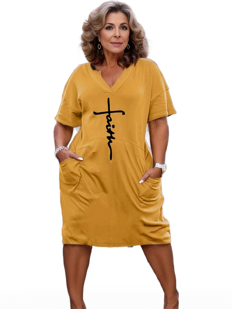 Plus Size 'Faith' Letter Print Short Sleeve Midi Dress With Pockets, Women's Plus Slight Stretch Casual Dress