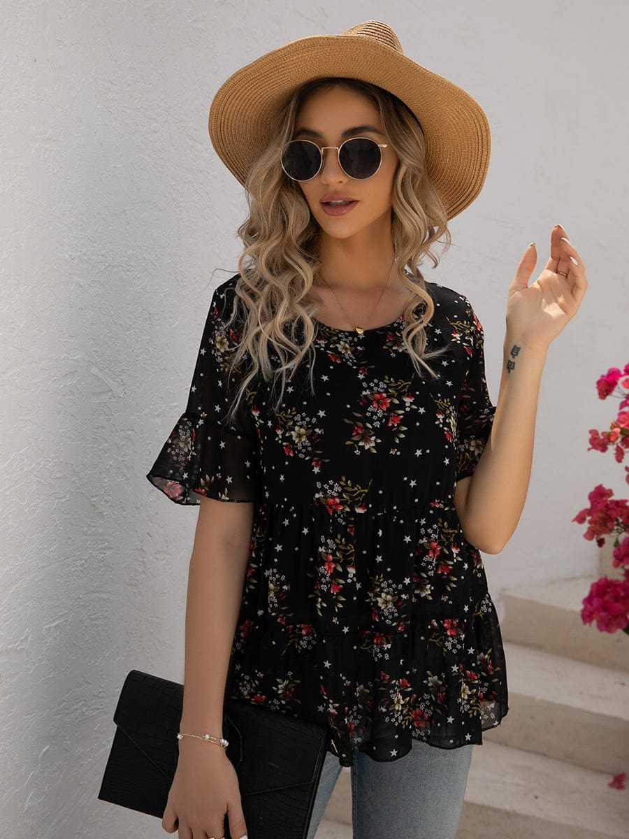 Plus Size Round Neck Floral Printed Pattern Chiffon Blouse