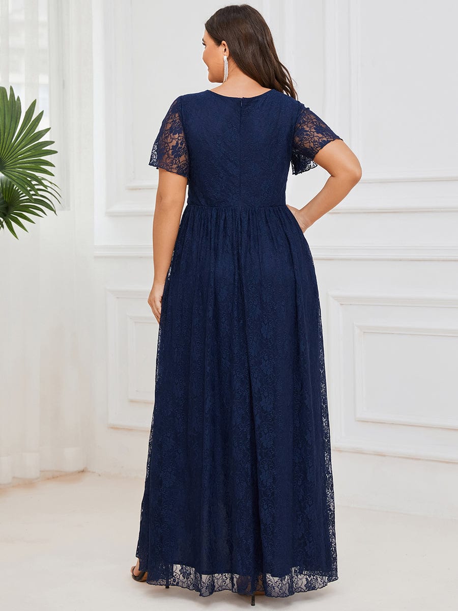 Plus Size Short Sleeve Ruffled V-Neck A-Line Lace Evening Dress