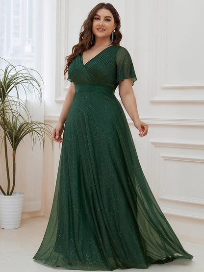 Plus Size V Neck Ribbon Waist Formal Evening Dress With Sleeves