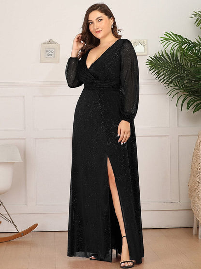 Plus Size Women's V-Neck Shiny Evening Dress for Every Occasion