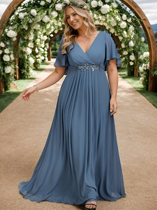 Plus V Neck Lace Applique Pleated Bridesmaid Gowns