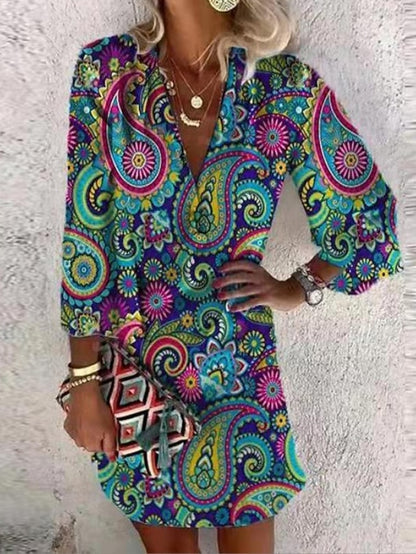 Women's Dress - Casual Dress Ethnic Dress Mini Dress Red 3/4 Length Sleeve Floral Print Summer Spring Fall V Neck Casual Weekend 2023 S M L XL XXL 3XL