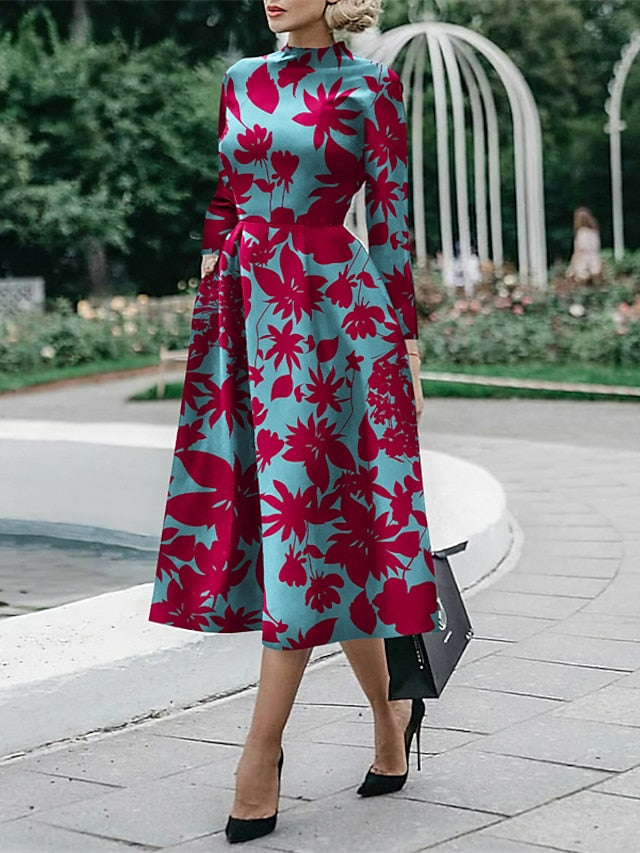 Women's Dress - Sheath Dress Midi Dress Midi Dress Black White Red Long Sleeve Floral Ruched Fall Winter Autumn Shirt Collar Stylish Winter Dress Fall Dress 2023 S M L XL XXL 3XL