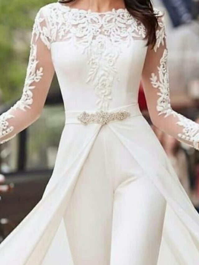 Hall Casual Wedding Dresses Jumpsuits Illusion Neck Long Sleeve Floor Length Lace Bridal Gowns With Sashes / Ribbons Crystals 2023 Summer Wedding Party, Women's Clothing - LuckyFash™