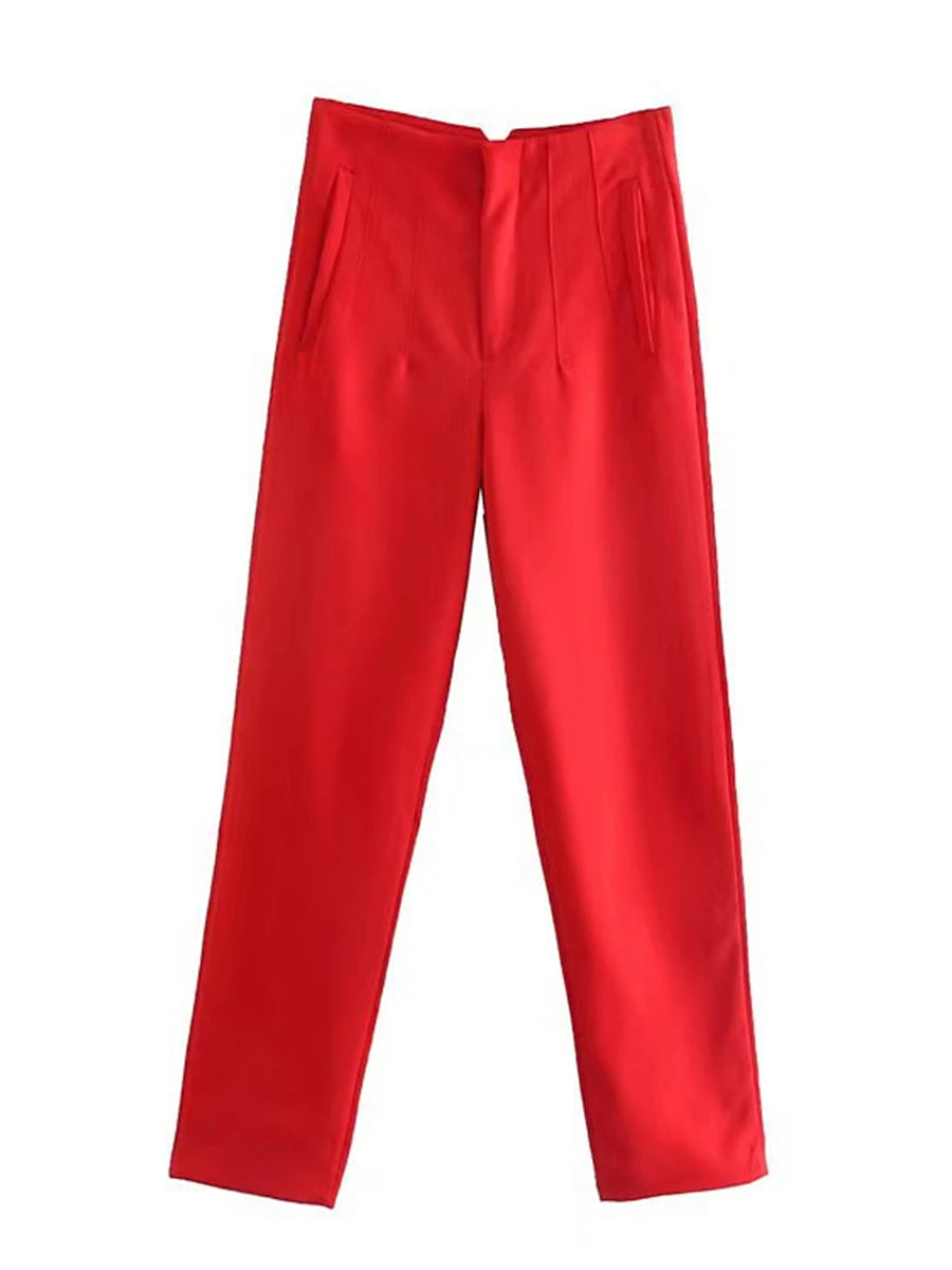 Women's Dress Pants Polyester Solid Color claret Orange red Fashion High Waist Full Length Office Street Fall Winter