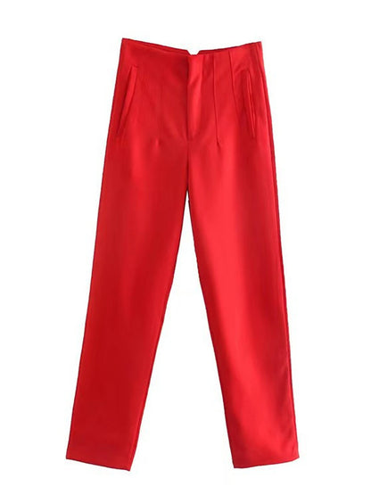 Women's Dress Pants Polyester Solid Color claret Orange red Fashion High Waist Full Length Office Street Fall Winter