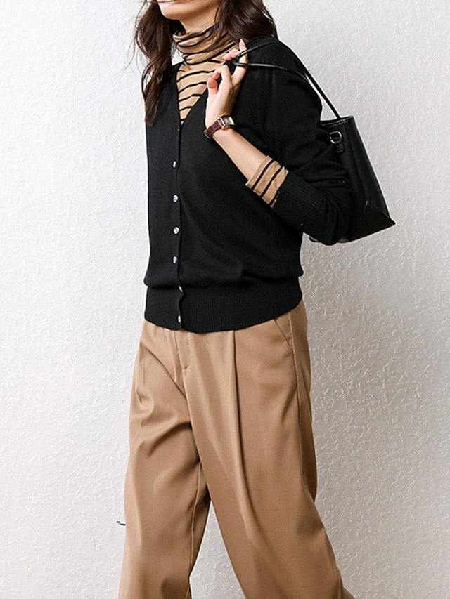 Women's Cardigan Sweater V Neck Ribbed Knit Polyester Button Fall Winter Short Daily Going out Weekend Stylish Casual Soft Long Sleeve Solid Color Haze blue Black White S M L