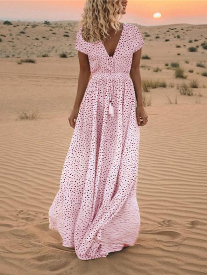 Women's Dress - Casual Dress Swing Dress Boho Dress Long Dress Maxi Dress Light Blue Creamy-white Pink Short Sleeve Polka Dot Print Spring Summer V Neck Slim 2023 S M L XL XXL XXXL
