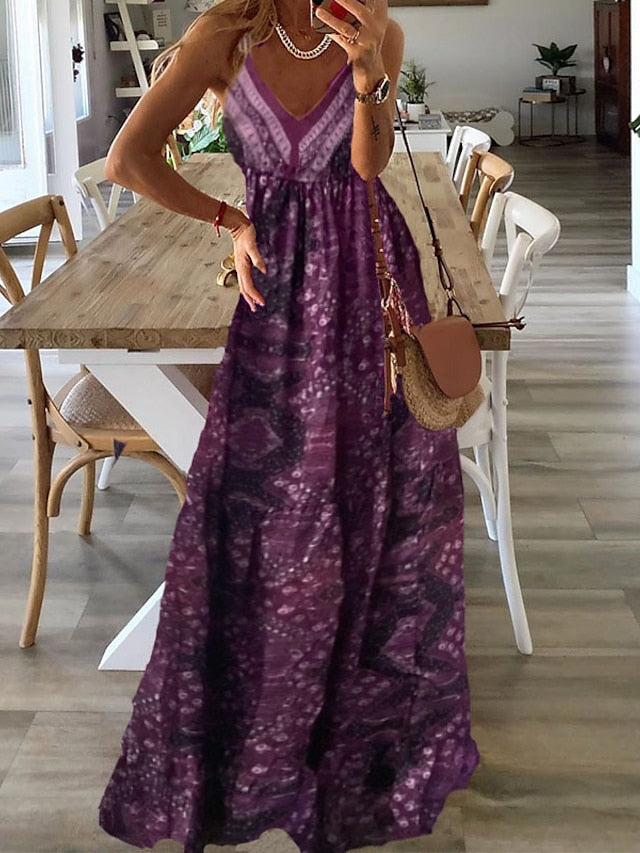Women's Dress - Boho Dress Long Dress Maxi Dress Green Purple Pink Sleeveless Abstract Print Spring Summer V Neck Classic 2023 S M L XL
