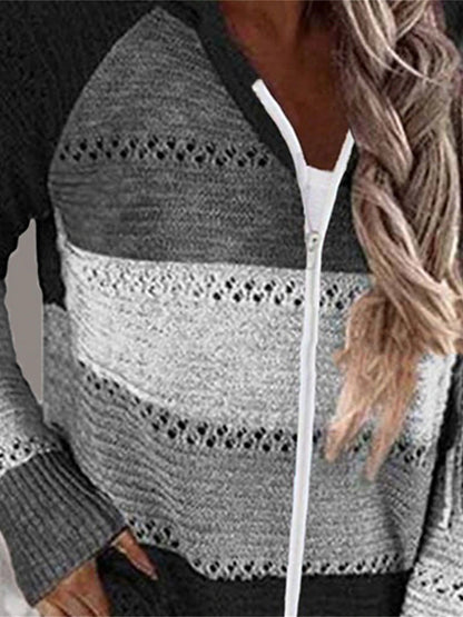 Women's Cardigan Sweater Hooded Ribbed Knit Acrylic Patchwork Zipper Hooded Spring Fall Outdoor Daily Going out Stylish Casual Soft Long Sleeve Color Block Black Pink Gray S M L