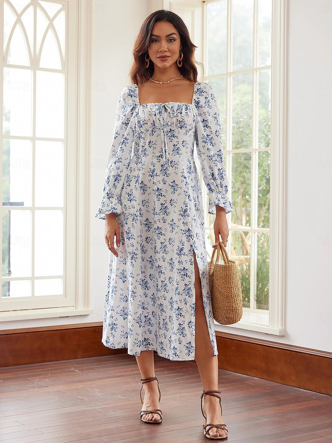 Women's Print Tie Neck Midi Dress Long Sleeve Summer Spring