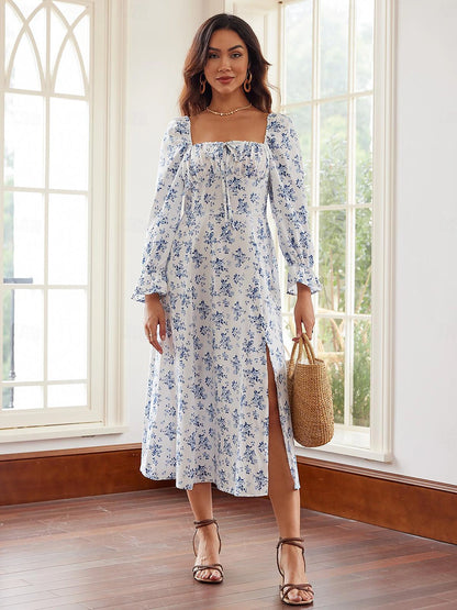 Women's Print Tie Neck Midi Dress Long Sleeve Summer Spring