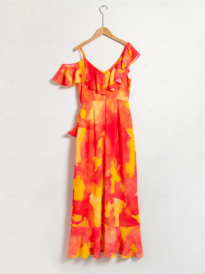 Ruffled Tie-front Asymmetric Chiffon Midi Dress