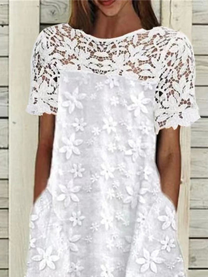 Women's Dress - Casual Dress Lace Dress White Dress Floral Lace Pocket Crew Neck Lace Sleeve Midi Dress Fashion Basic Outdoor Street Short Sleeve Loose Fit White Summer Spring S M L XL XXL