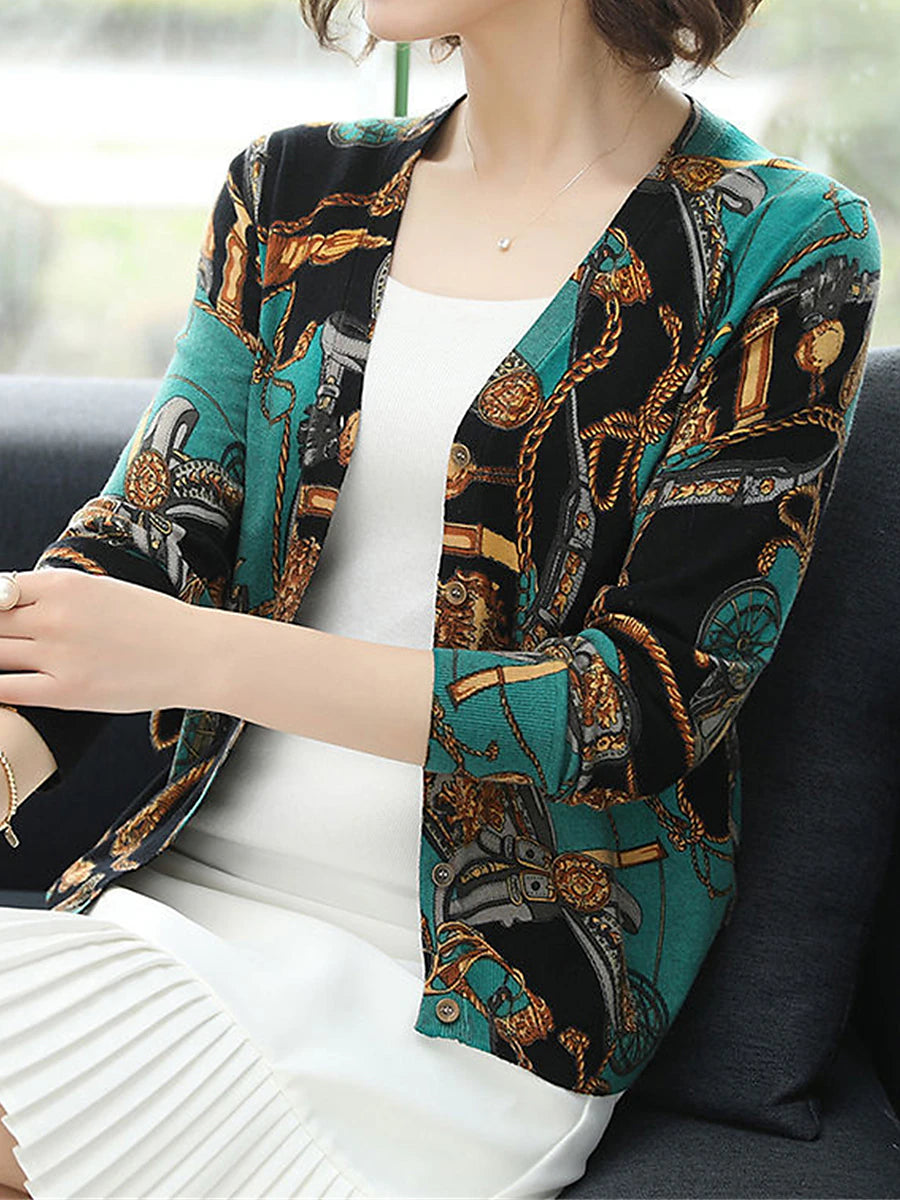 Women's Cardigan Sweater V Neck Ribbed Knit Polyester Button Print Fall Winter Outdoor Daily Holiday Stylish Casual Soft Long Sleeve Animal Floral Rose black Chain black Rose navy blue S M L