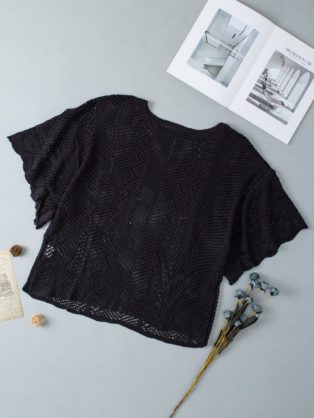 Pointelle Knit Black Scallop Trim Short Sleeve Top