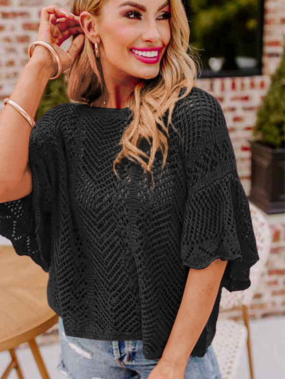 Pointelle Knit Black Scallop Trim Short Sleeve Top