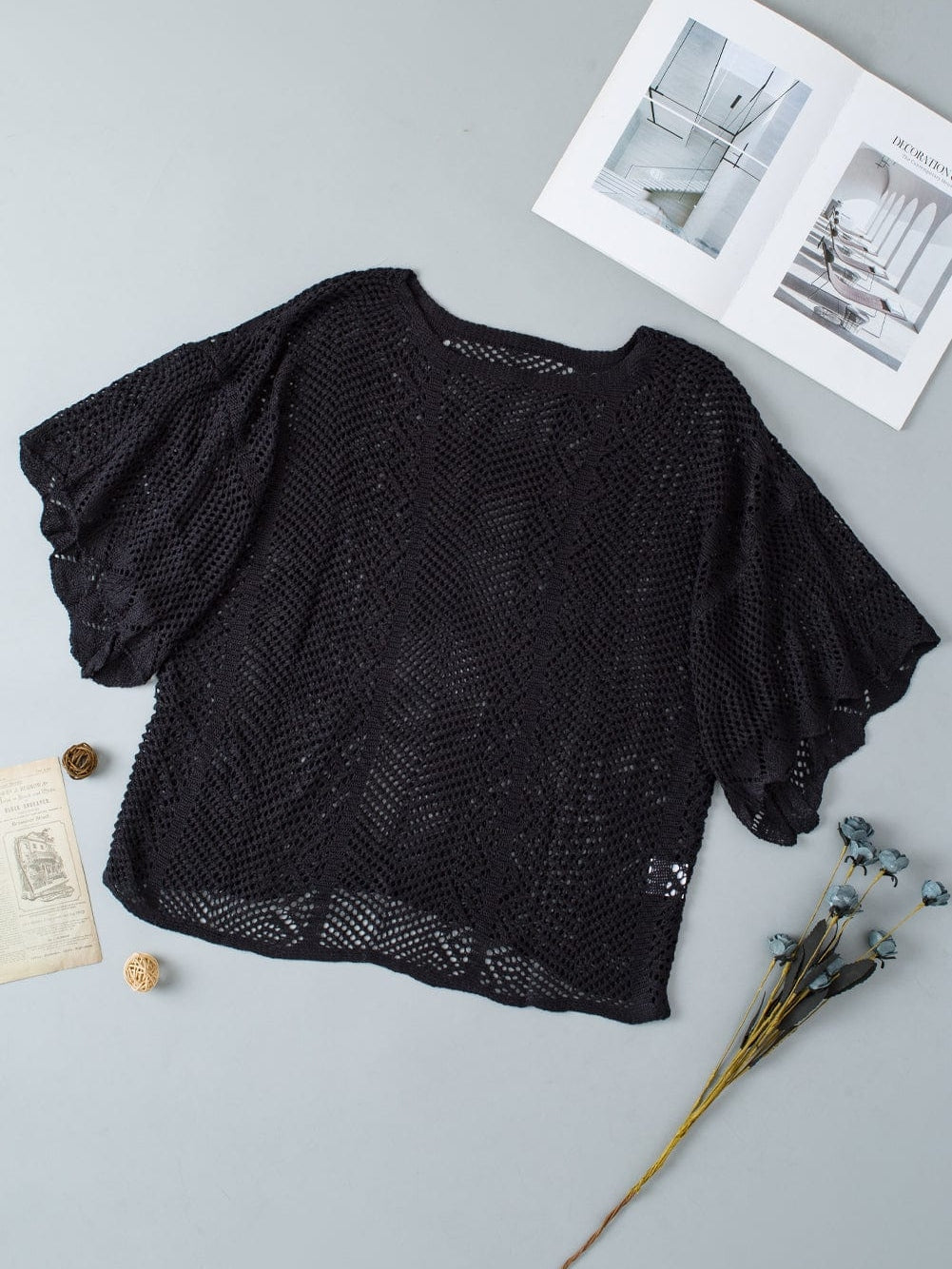 Pointelle Knit Black Scallop Trim Short Sleeve Top