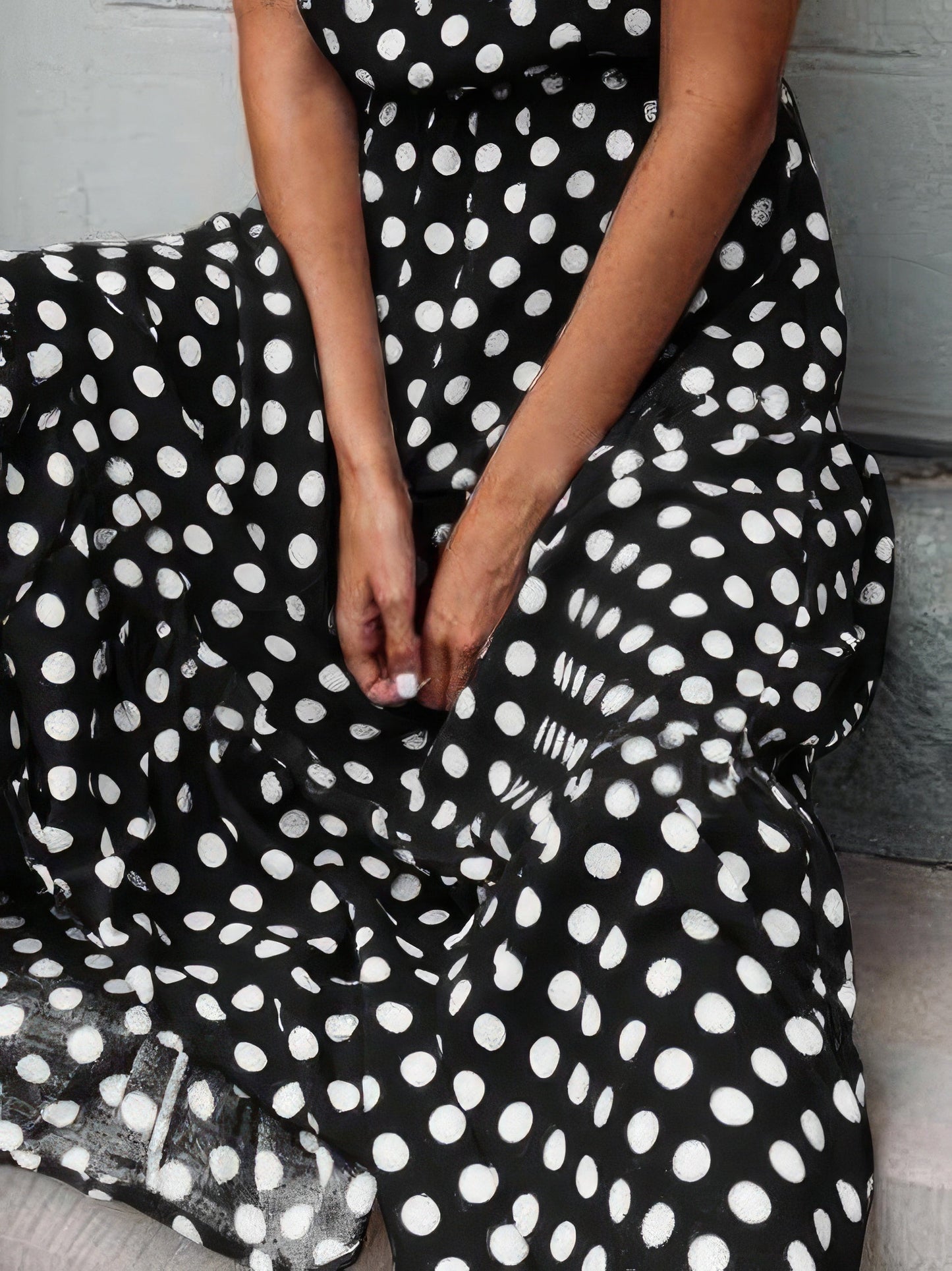 Maxi Dresses - Polka Dot Print Round Neck Casual Dress - MsDressly
