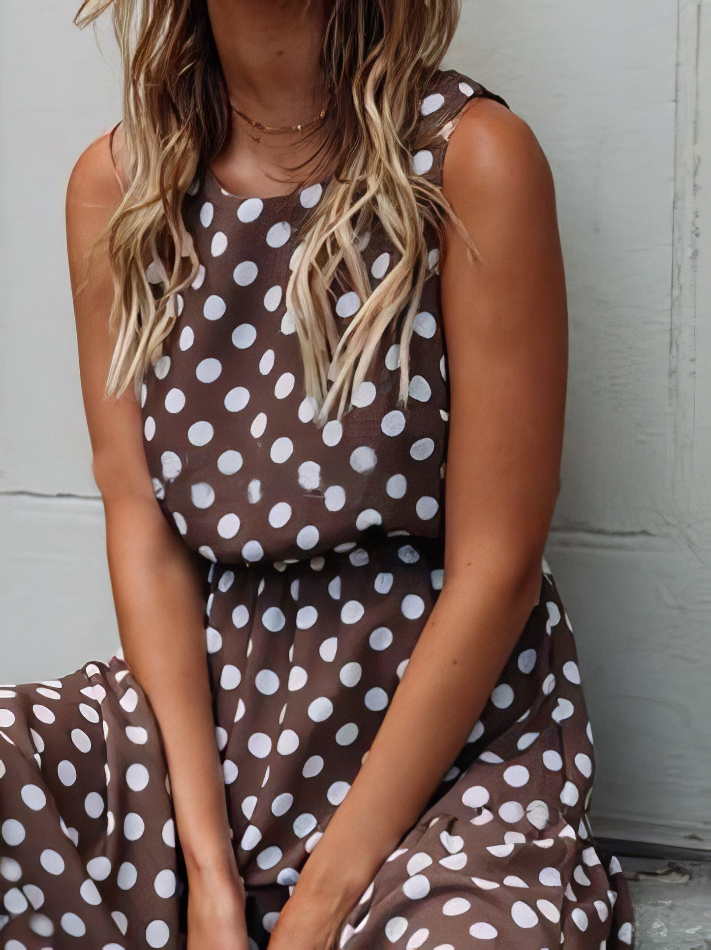 Maxi Dresses - Polka Dot Print Round Neck Casual Dress - MsDressly