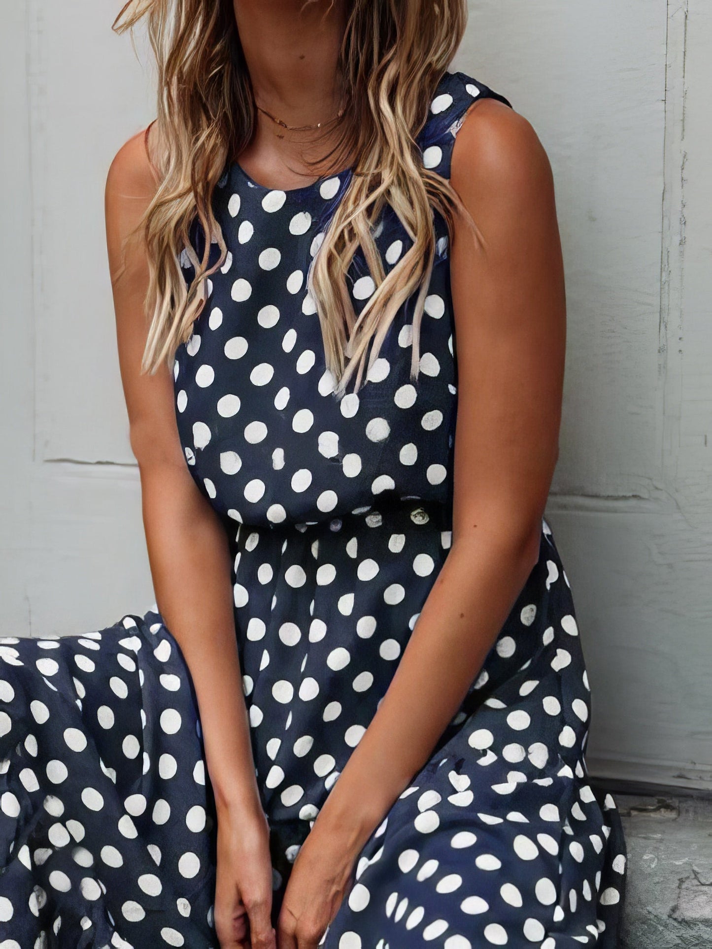Maxi Dresses - Polka Dot Print Round Neck Casual Dress - MsDressly