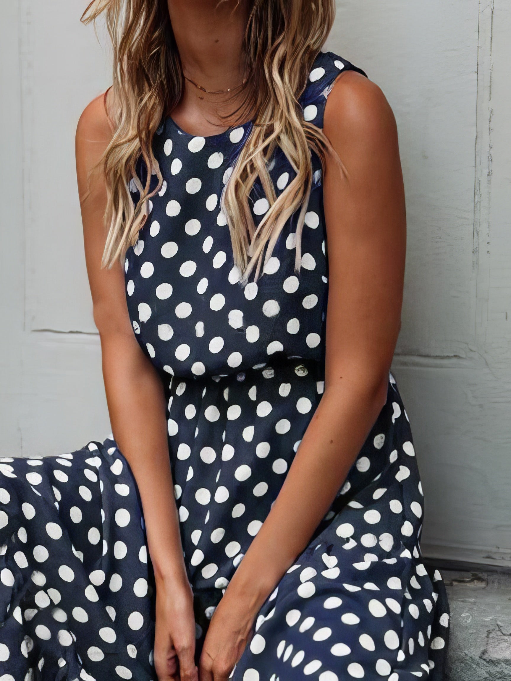 Maxi Dresses - Polka Dot Print Round Neck Casual Dress - MsDressly