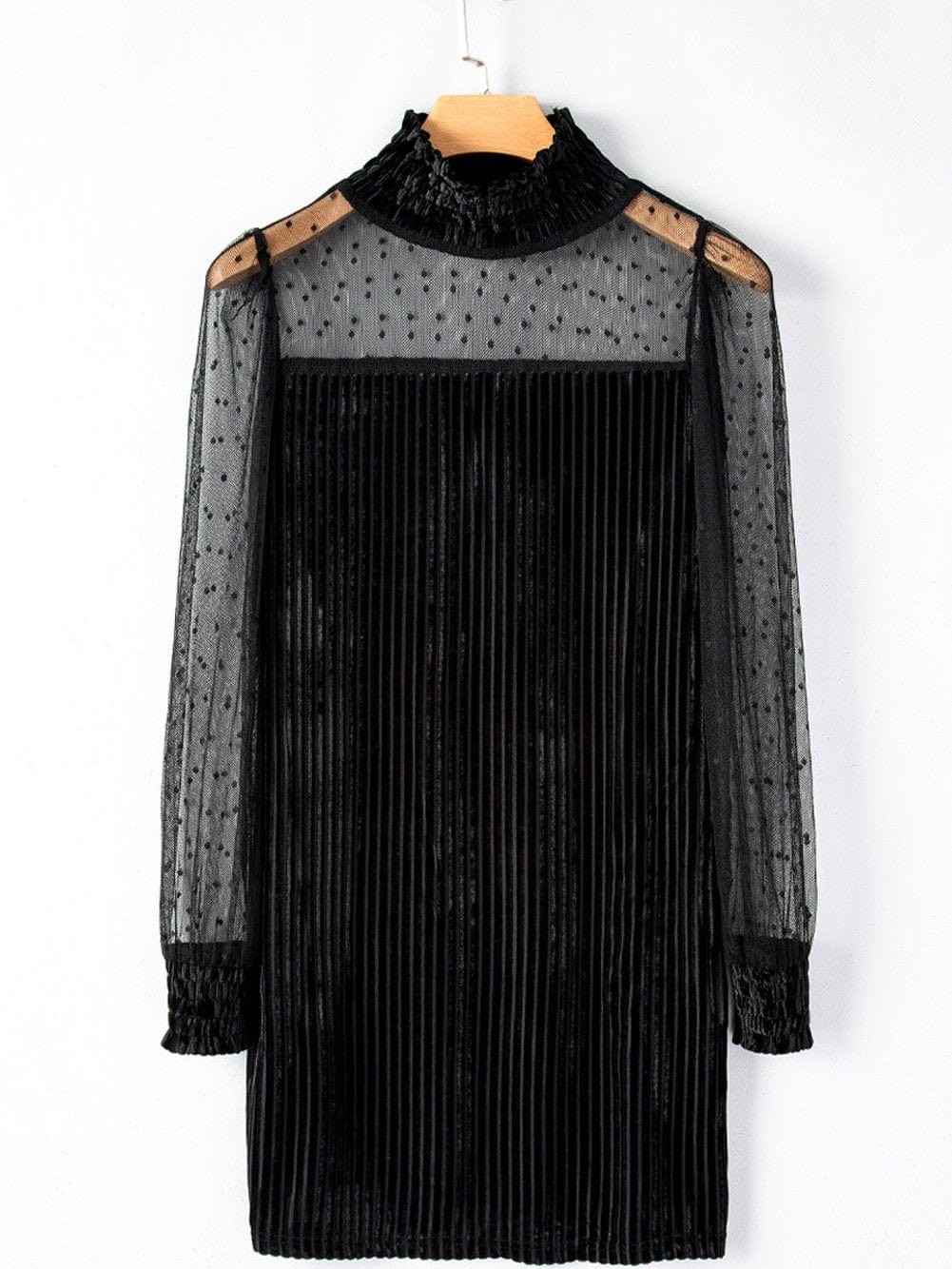 Polka Dot Striped Mesh Frilled Neck Bubble Sleeve Dress