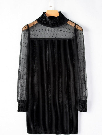 Polka Dot Striped Mesh Frilled Neck Bubble Sleeve Dress