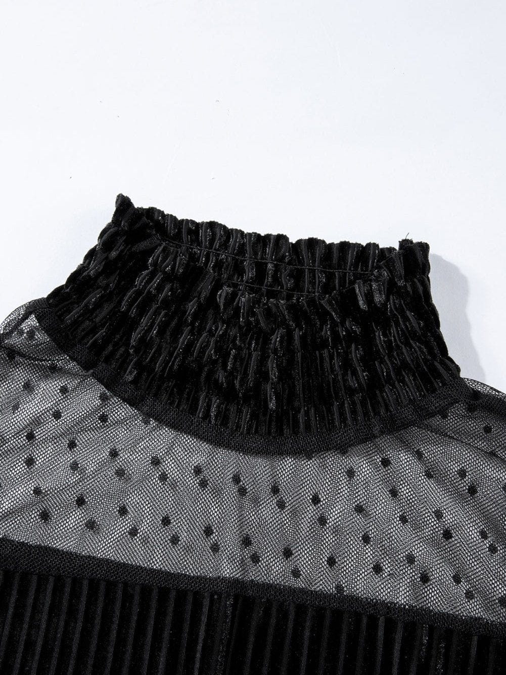 Polka Dot Striped Mesh Frilled Neck Bubble Sleeve Dress