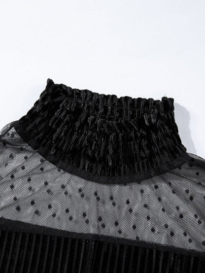 Polka Dot Striped Mesh Frilled Neck Bubble Sleeve Dress