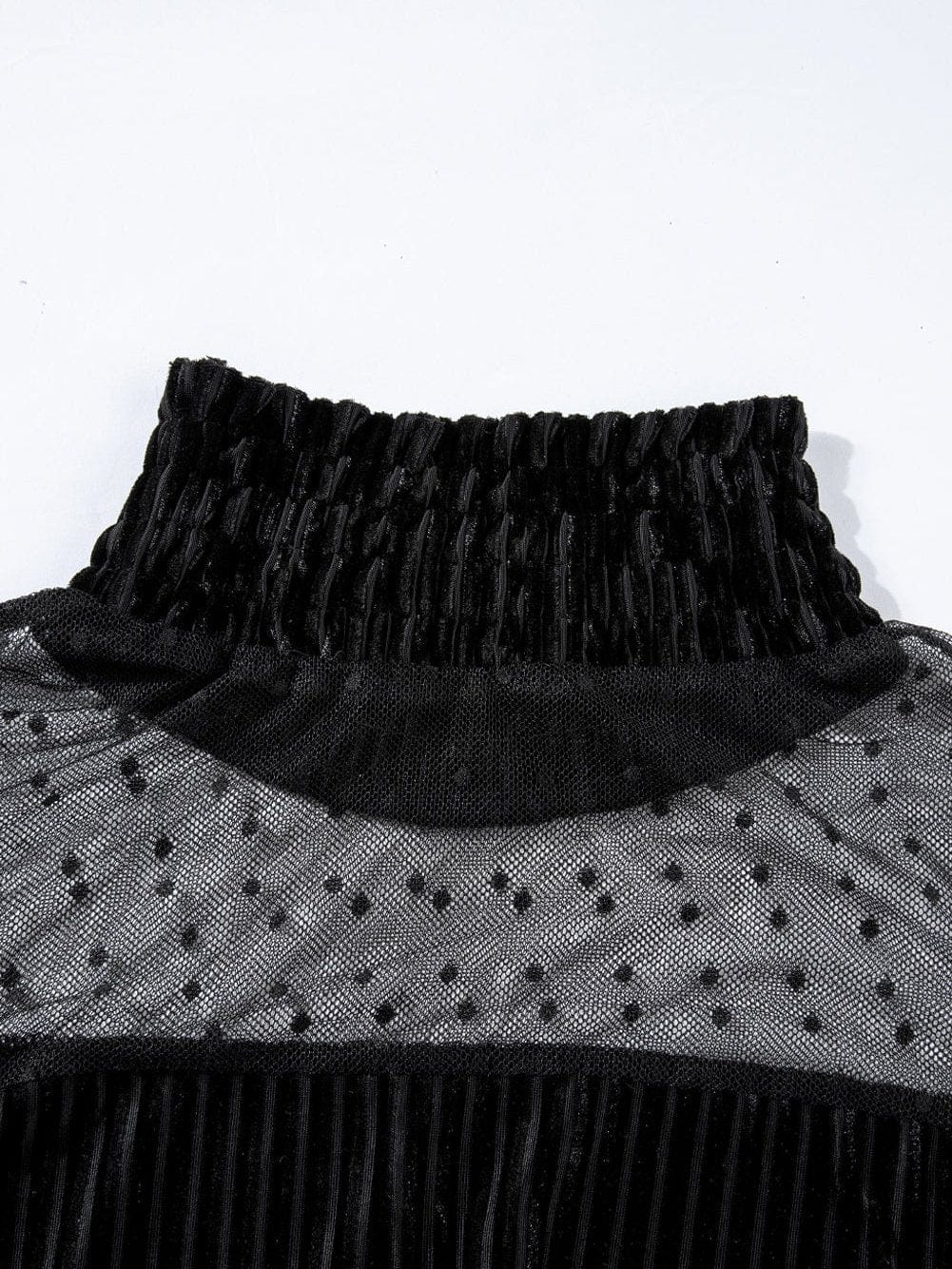 Polka Dot Striped Mesh Frilled Neck Bubble Sleeve Dress