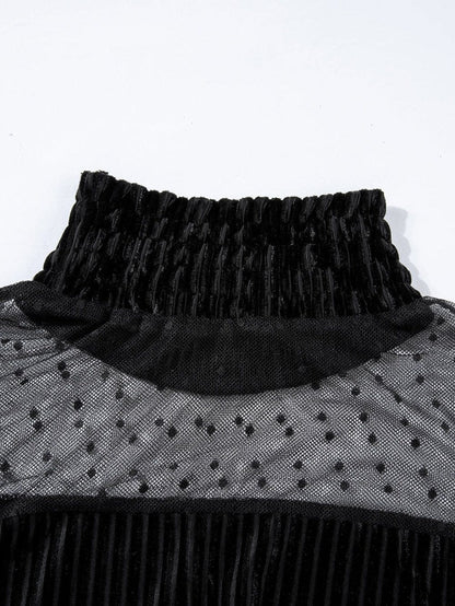 Polka Dot Striped Mesh Frilled Neck Bubble Sleeve Dress