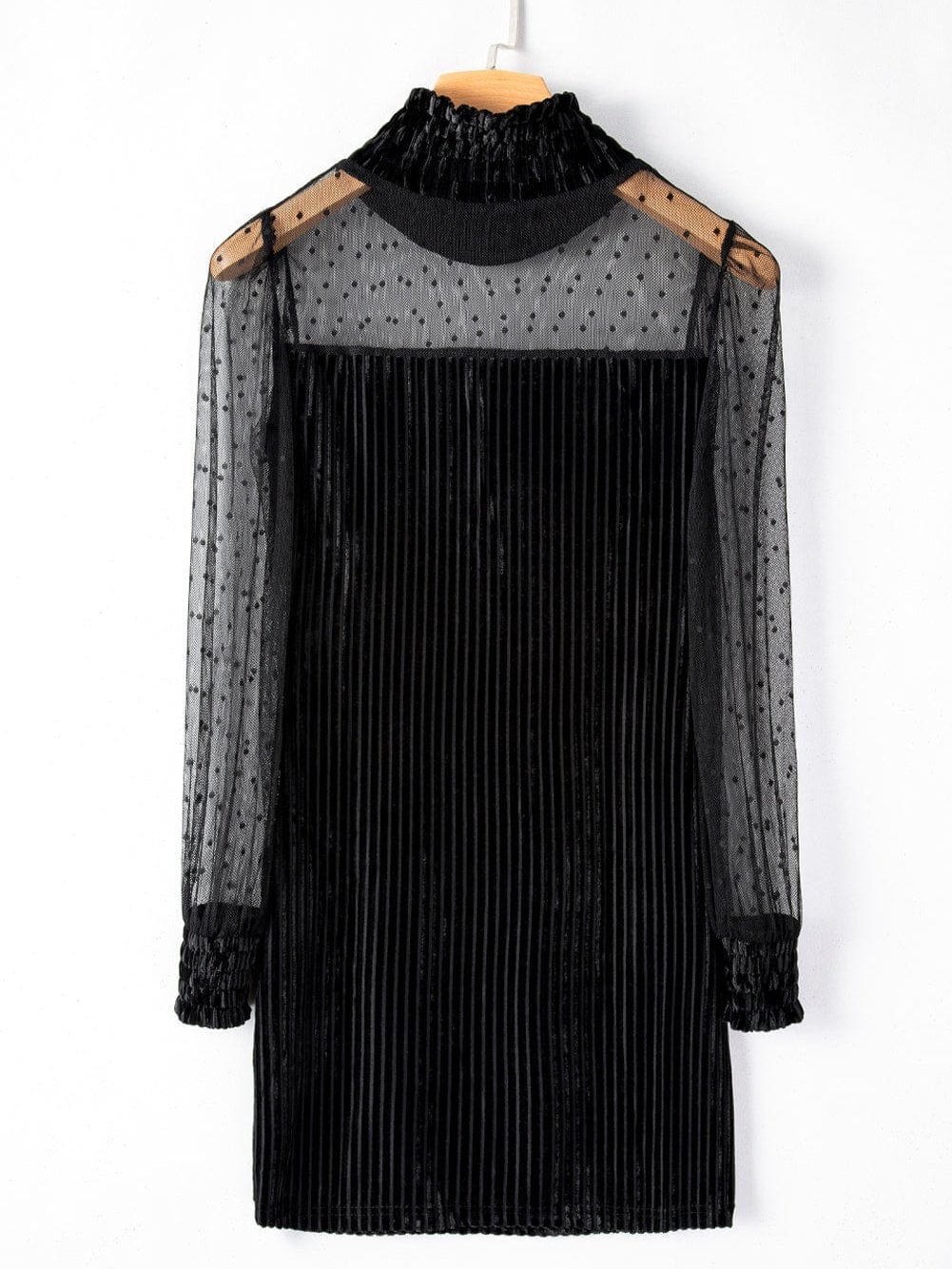 Polka Dot Striped Mesh Frilled Neck Bubble Sleeve Dress