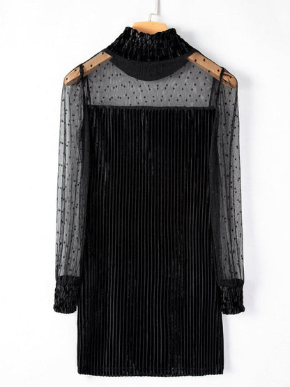 Polka Dot Striped Mesh Frilled Neck Bubble Sleeve Dress