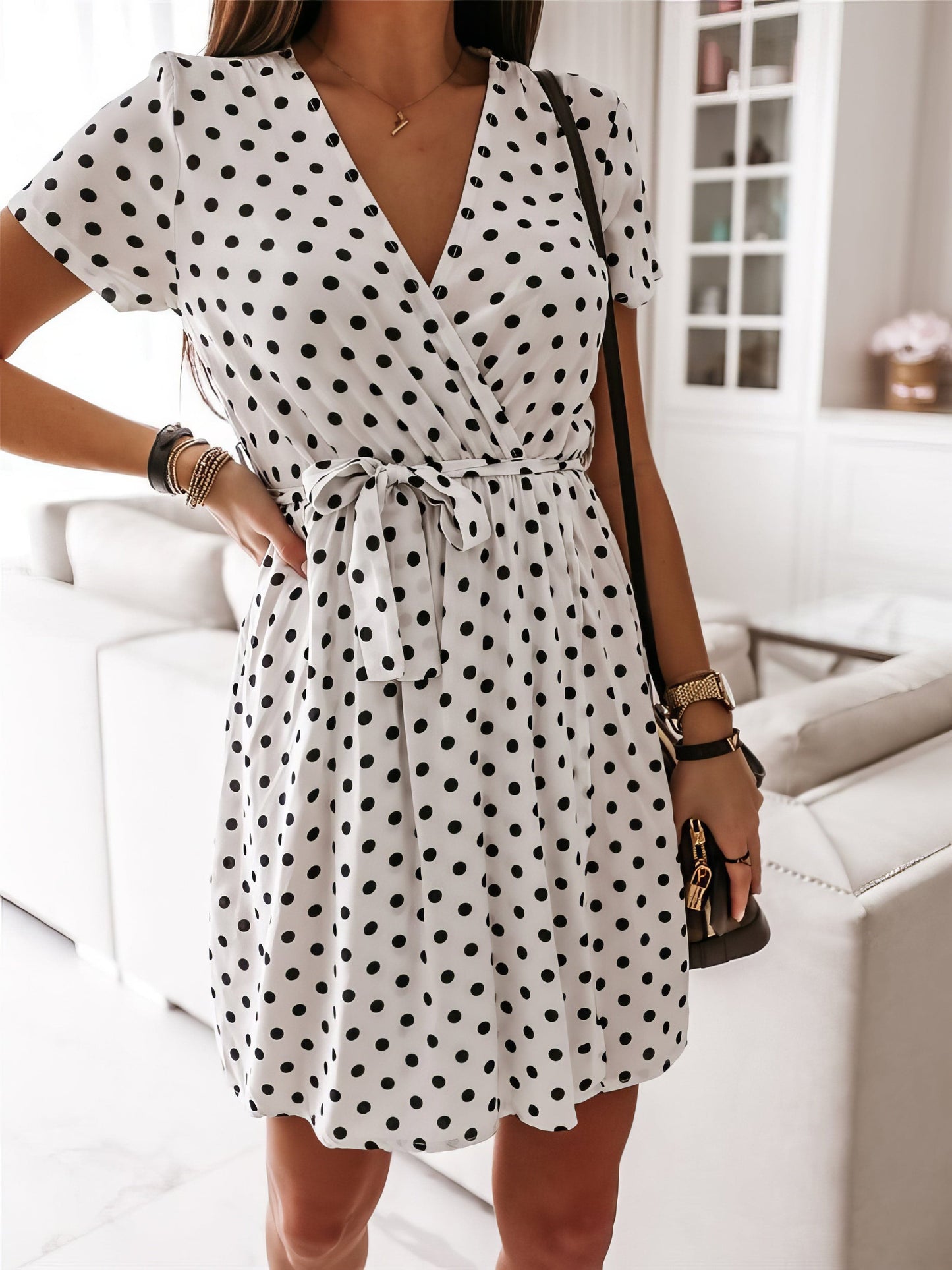 Polka Dot V Neck Mini Dress with Short Sleeves