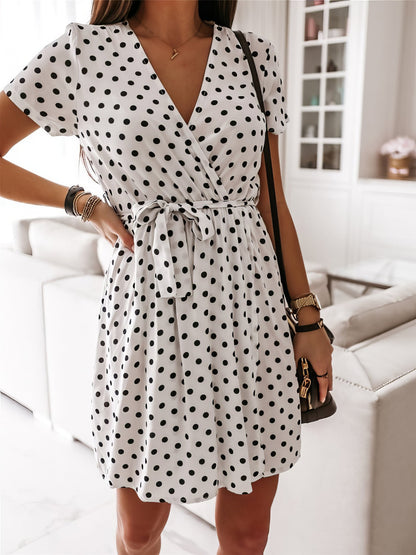 Polka Dot V Neck Mini Dress with Short Sleeves