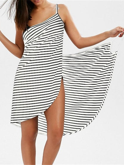 Women's Dress - Swimwear Cover Up Beach Dress Plus Size Swimsuit Printing for Big Busts Striped White Black Blue Purple Royal Blue Bathing Suits New Vacation Fashion / Modern