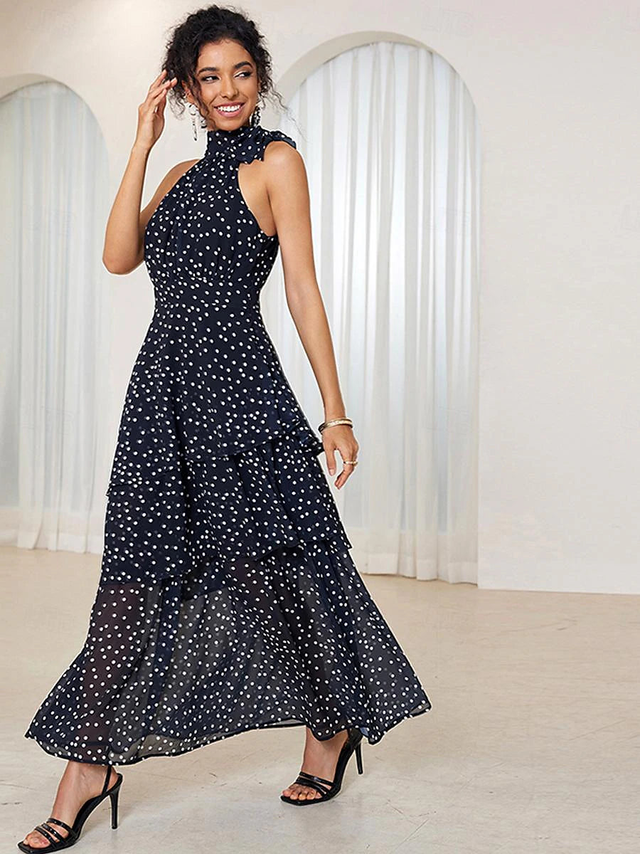 Women's Chiffon A Line Dress Layered Halter Neck Maxi Dress Elegant Party Date Sleeveless Summer