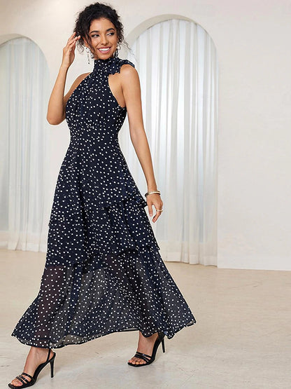 Women's Chiffon A Line Dress Layered Halter Neck Maxi Dress Elegant Party Date Sleeveless Summer