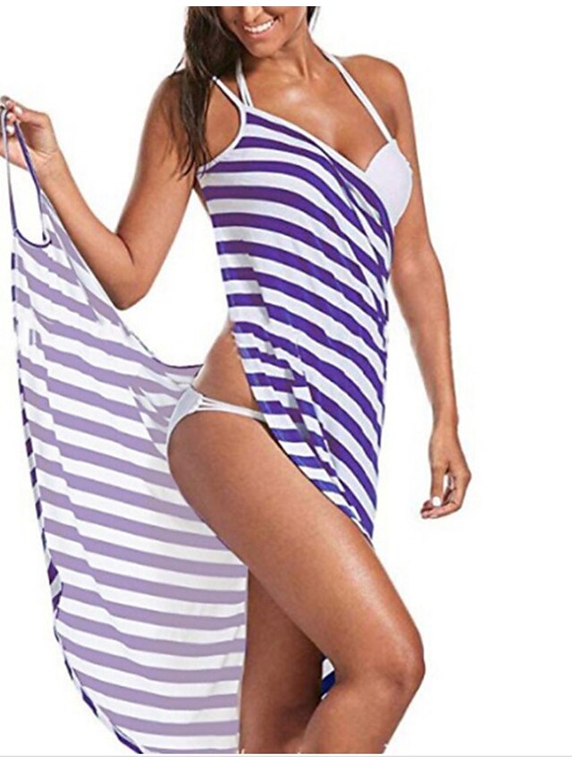 Women's Dress - Swimwear Cover Up Beach Dress Plus Size Swimsuit Printing for Big Busts Striped White Black Blue Purple Royal Blue Bathing Suits New Vacation Fashion / Modern