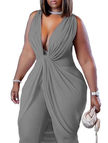 Women's Jumpsuit High Waist Solid Color V Neck Streetwear Street Holiday Regular Fit Sleeveless Black White Yellow L XL XXL Summer - LuckyFash™