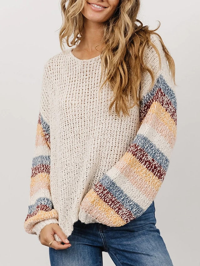 Women's Plus Size Pullover Sweater Jumper Crew Neck Ribbed Knit Polyester Patchwork Fall Winter Regular Outdoor Going out Weekend Stylish Plus Size Casual Long Sleeve Striped White XS S M