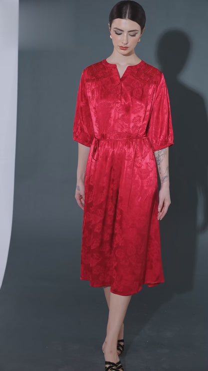 Ruby Red Embroidered Maxi Dress with Cinched Waist