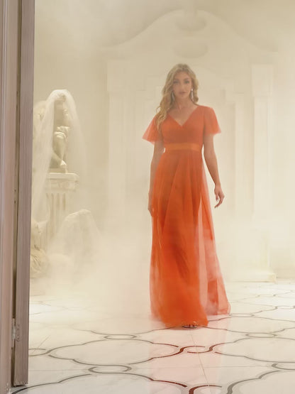 V-Neck Floor-Length Short Sleeve Tulle Bridesmaid Dresses