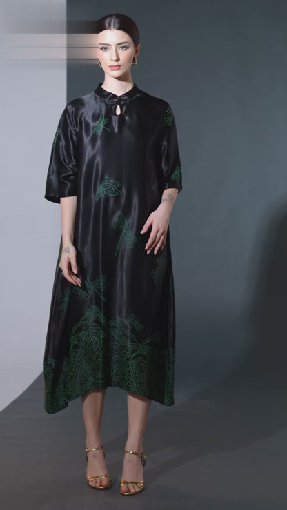 Black Satin Dress with Green Dragonfly Embroidery